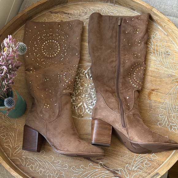 Tan  Suede Embellished Knee-High Boots - Picture 2 of 16